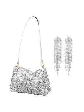 Sequin Hobo Evening Bag Sparkling Party Prom Clutch Purse Set with Earrings